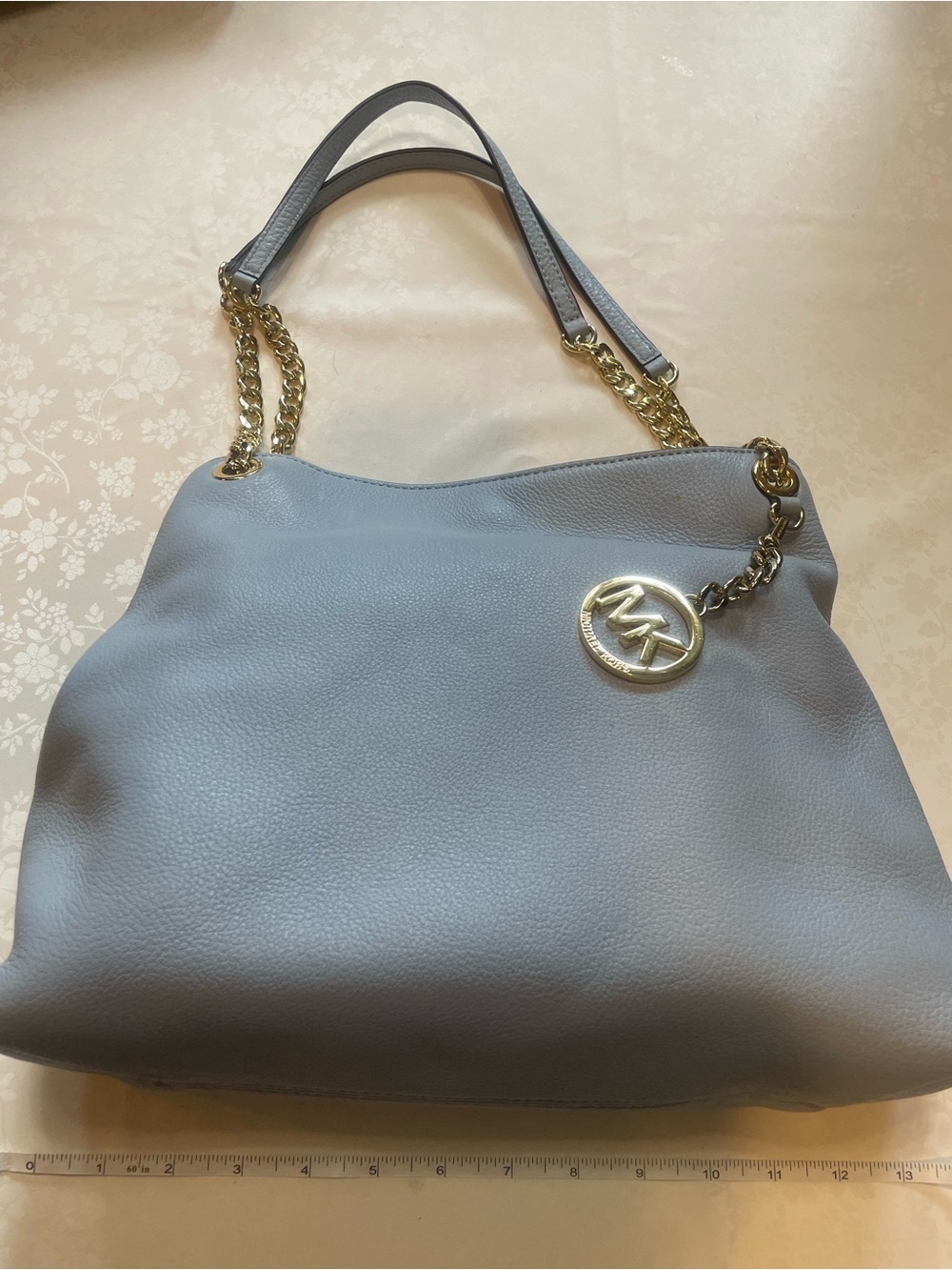 Michael Kors Powder Blue Pebbled Leather Shoulder Tote with Gold Chain